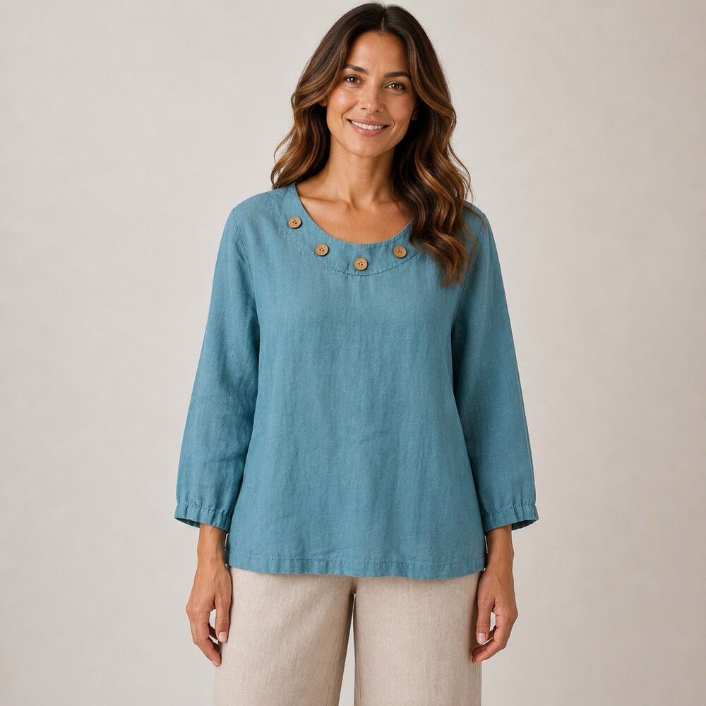 Hot Cotton Linen Blend Boxy Top XL Aqua Buttons on Boatneck 3/4 Sleeve Artsy